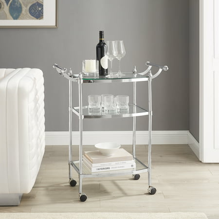 Pemberly Row Modern 3-Shelf Glass and Metal Bar Cart in Satin Gold